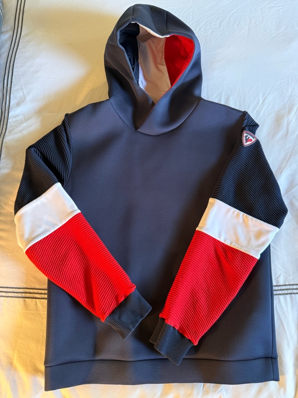 Rossignol Colorblock tech Hoodie with Red, White & Navy Panels. Size Large